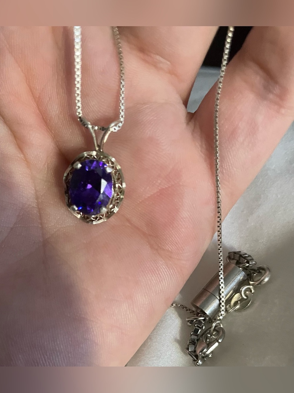 Sterling Silver Pendant Necklace with Deep Purple Oval Gem